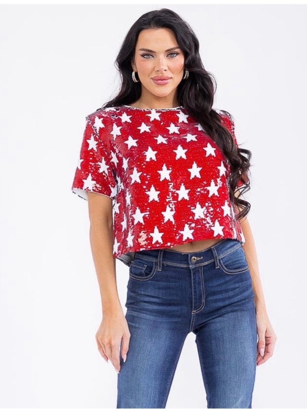 Red Star-Print Sequin Crop Top